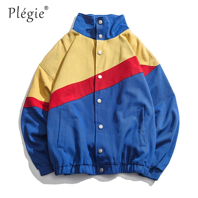 

Plegie Color Block Patchwork Windbreaker Jackets 2019 Autumn Mens Fashion Striped Single Breasted Baseball Overcoats Jacket