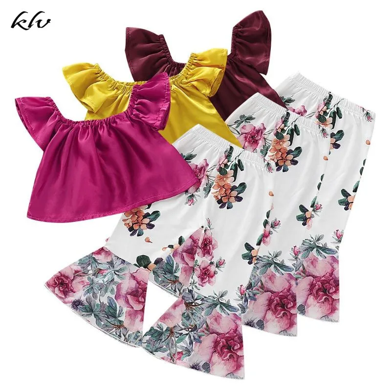 

2019 Newborn Baby Girls Summer Off Shoulder Tops + Flared Floral Pants Outfits