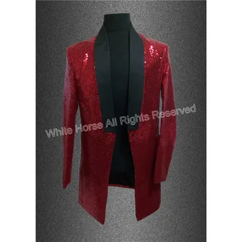 

Long Red Blazer for Men Suit Jacket Paillette Cosplay G Dragon Sequins Stage Costumes MC Host Clothing Singer Mens Blazer