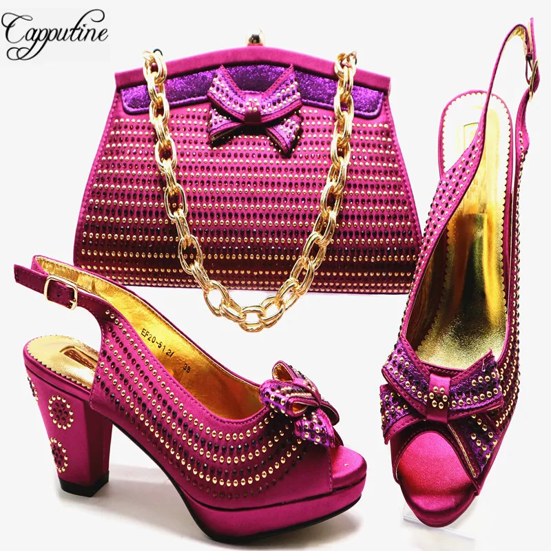 

New Fashion Ladies Rhinestone Purple Color Shoes And Bag Set 2018 Italy Style Woman High Heel Shoes And Bag Set For Party G54