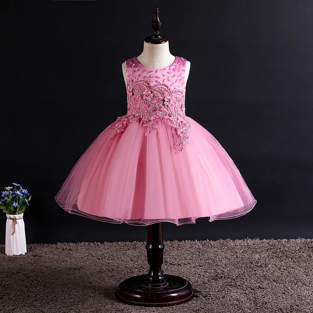 

Fashion Kids Clothing Children Beautiful Princess Embroidered Beads Dress Girl Appliques Sleeveless Elegance Praty Wedding Dress