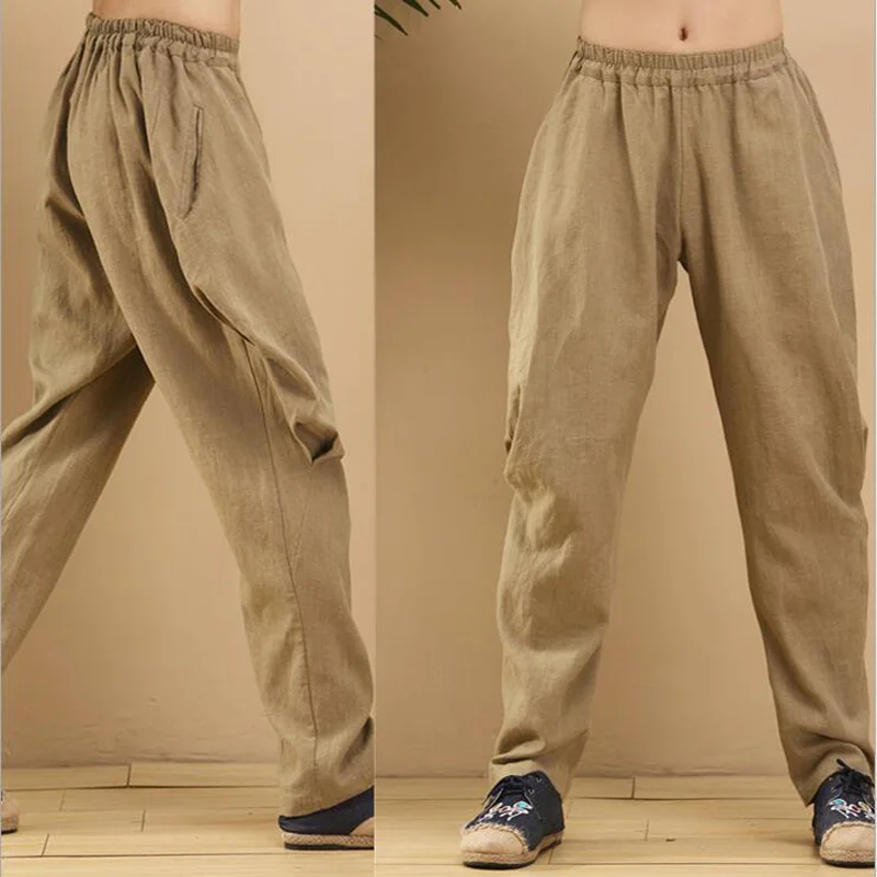 Men's Cotton Linen Pants Breathable Wrinkle Bloomers Casual Loose Linen