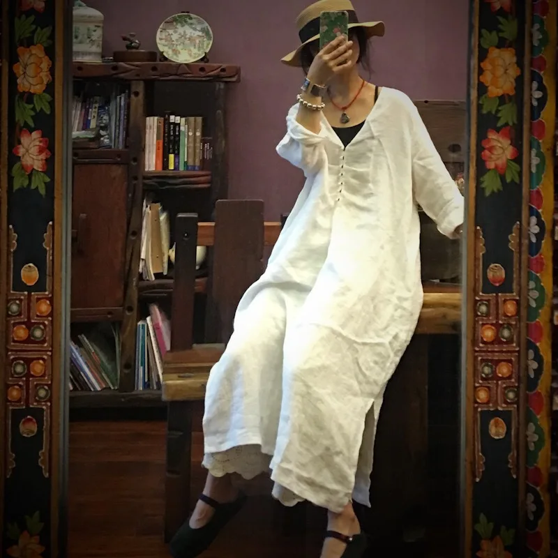 Весна и осень лен халат женский дизайн белый v-образный вырез платье с длинными рукавами Повседневное свободное платье N030
