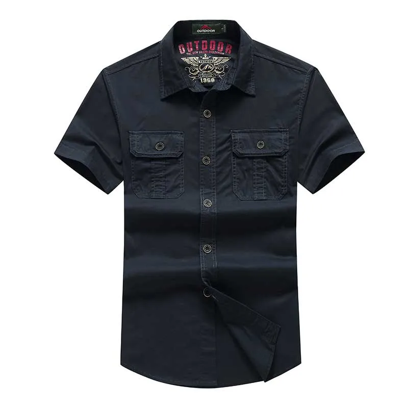 

Summer Men Casual Shirt Short Sleeve Cotton Turn Down Collar Designer Shirts Big Size Military Style Green Blue Black Khaki