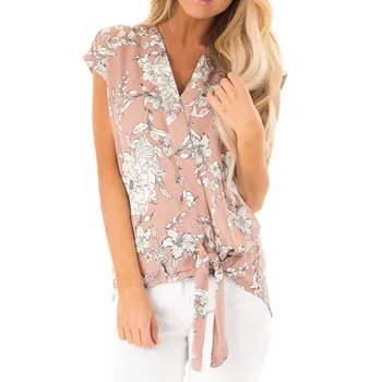 

Fashion Blouse Women 2019 Camiseta Mujer Tee Shirt Femme Short Sleeve V-Neck Floral Print Tie Blusas Femininas New Tshirt Women