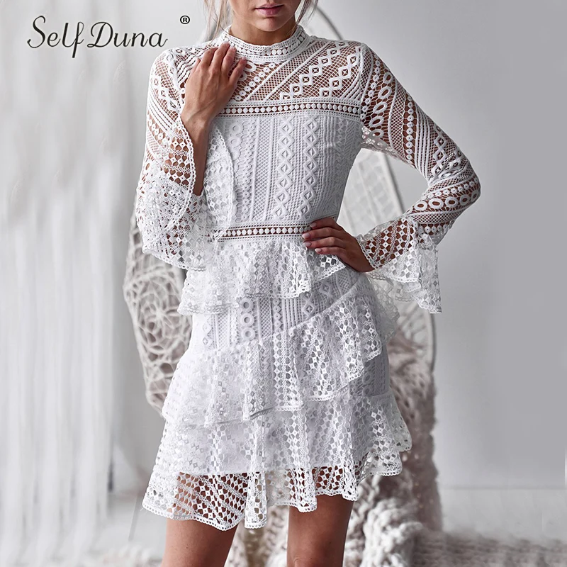 

Self Duna 2019 Summer Women White Lace Short Dress Ruffle Long Sleeve Black Sexy Hollow Out Mini Party Dress