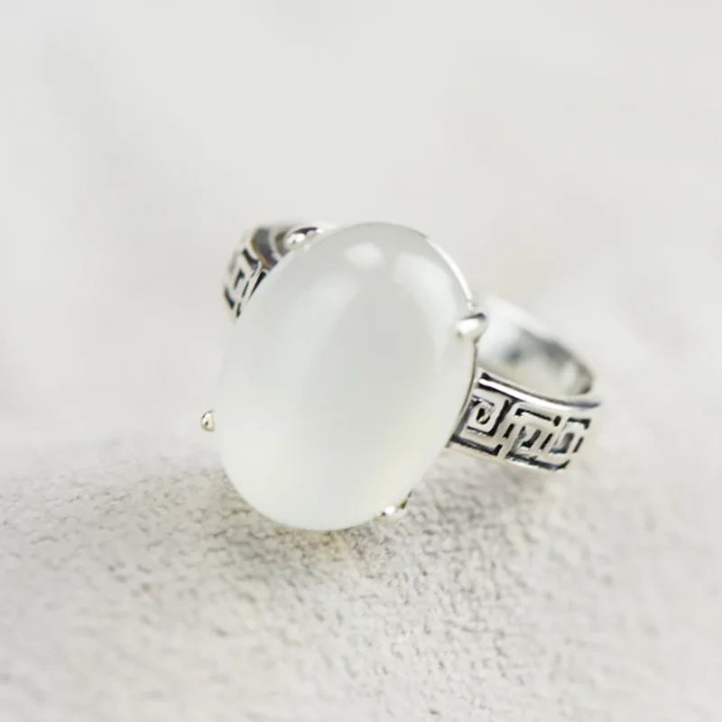 Genuine Solid Rings 925 Sterling Silver Initial Oval Shape Gemstone Rings For Women Natural Chalcedony Elegant Fine Jewelry