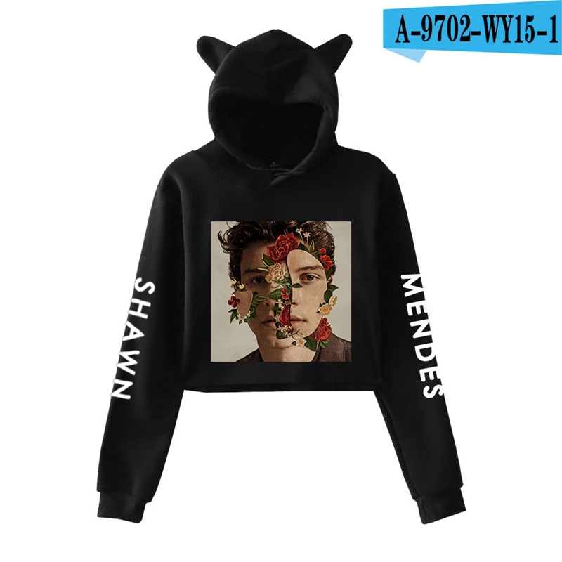 Shawn Mendes Cropped Moletom Cat Ear Kawaii Moletom Pullover Shawn Mendes Clothes Female Sweatshirts Ladies Harajuku Cute Cotton