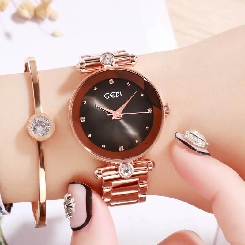 GEDI Rosegold Quartz Women's Watches Top Brand Luxury Ladies Clock Fashion Women Watch Simple Female Wristwatch reloj mujer New - Цвет: Brown watch