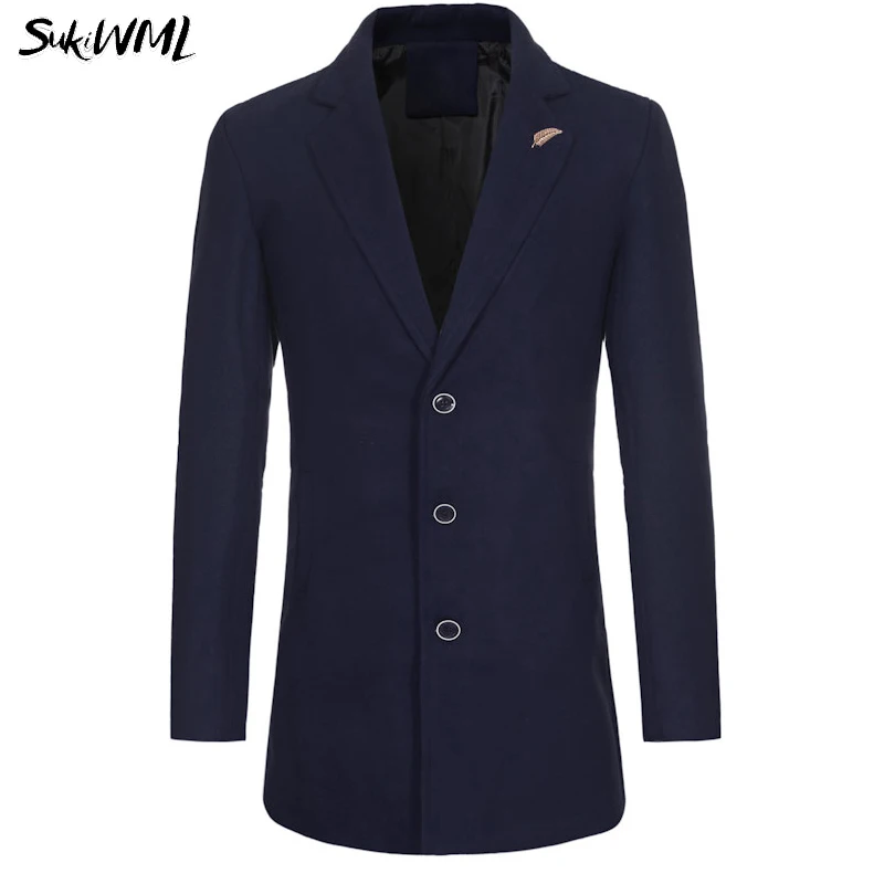 Navy Blue SUKIWML Мужская куртка длинный Тренч Мужская Мода Новые Осенние теплые куртки и пальто в британском стиле плюс Размер M-5XL - Цвет: Navy Blue