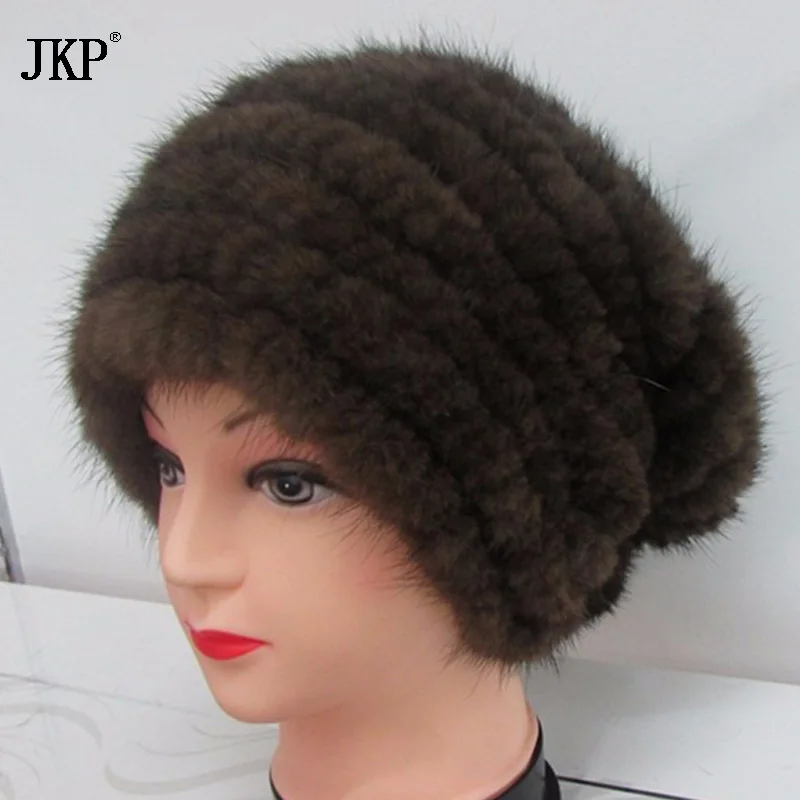 JKP шапки из натурального меха норки, модные женские вязаные шапки из меха норки, Зимние головные уборы - Цвет: Коричневый