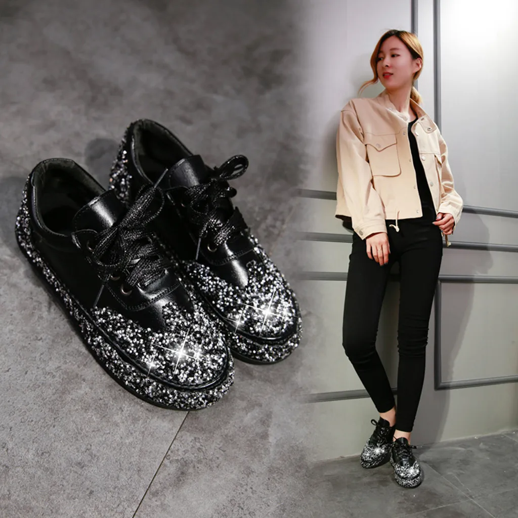 Модные кроссовки Для женщин черная обувь на плоской подошве обувь серебристого цвета Стразы блестящая повседневная обувь в Корейском стиле класса люкс на толстой подошве; обувь суперзвезды# N3