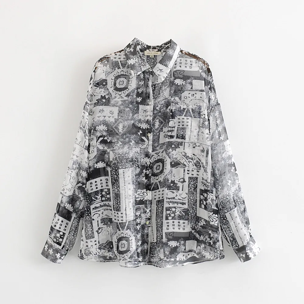 

H.SA 2019 Summer Autumn Floral Print Blouse Shirt Women Chiffon Loose Blouse Shirt Turn Down Long-sleeved Black White Shirt
