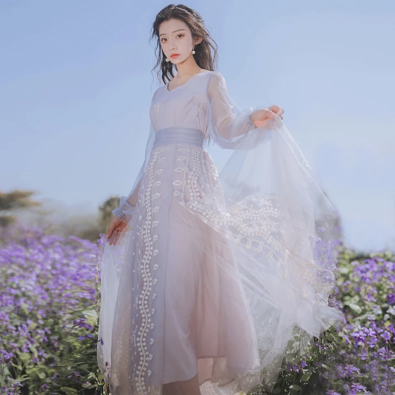 

Elegant V-Neck Long-Sleeve Dresses Women Vintage Embroidery Mesh Mid-Calf Dress Female 2019 Summer Party Dress Vestidos