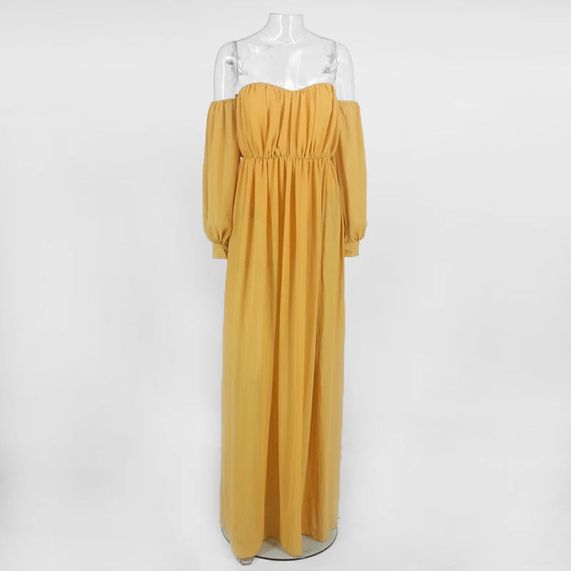 Tobinoone, винтажное летнее платье, с оборками, с разрезом, с поясом, сексуальное длинное платье, богемное женское платье для отдыха на пляже, платье с открытыми плечами, vestidos - Цвет: Цвет: желтый