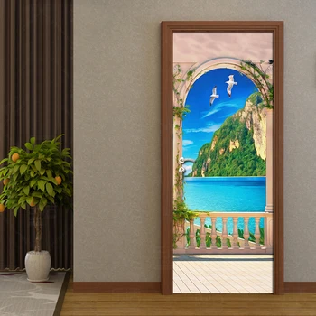 European Sea Scenery 3D DIY Door Mural Stickers Modern Home Decoration Bedroom Living Room Door Sticker PVC Waterproof Wallpaper 3d door unicorn animal wall sticker styling vinyl mural forest landscape wallpaper home living room bedroom decoration