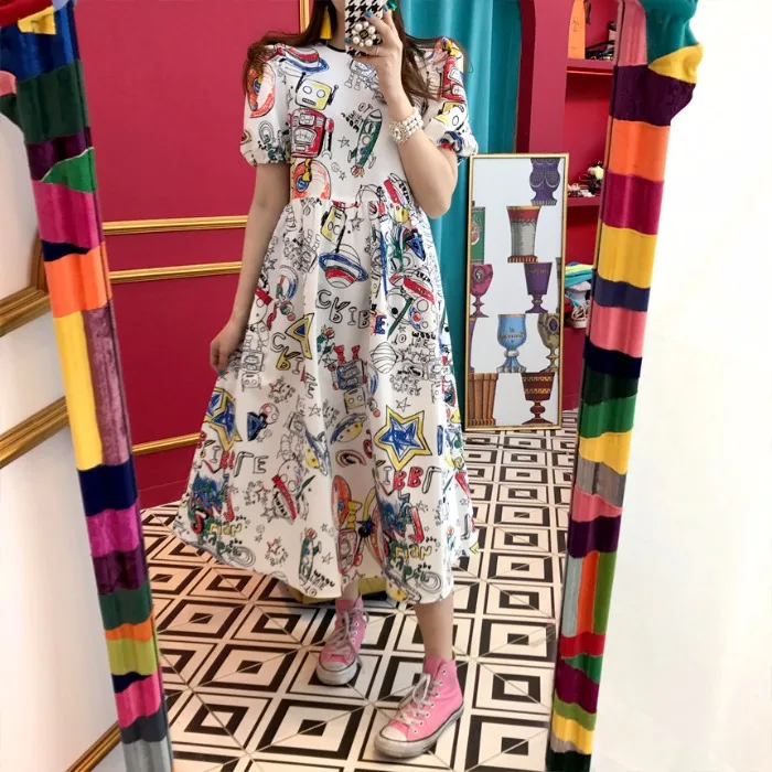 

Funny Attitude Robot Print Kawaii Dress High Waist Fashion Puff Sleeve Cool Dress Summer Robe Femme Vestido Mujer Vestiti Donna