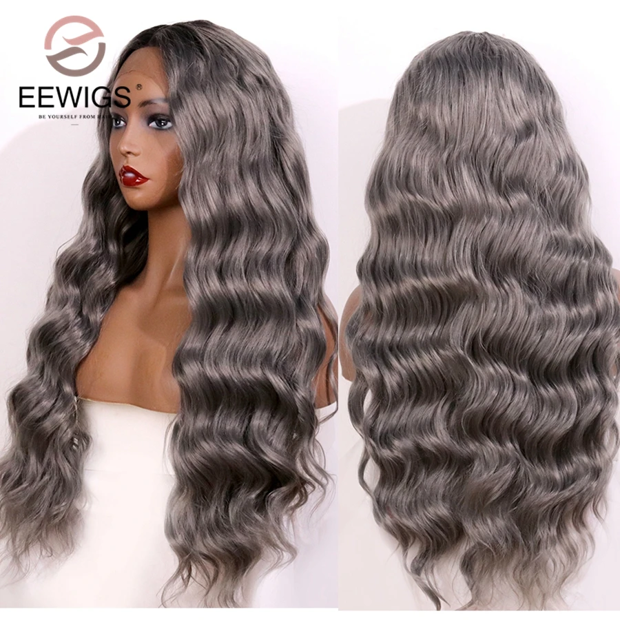 EEWIGS Glueless серый синтетический парик фронта шнурка 180% Плотность глубокая волна синтетические парики для женщин термостойкий платиновый блонд парик