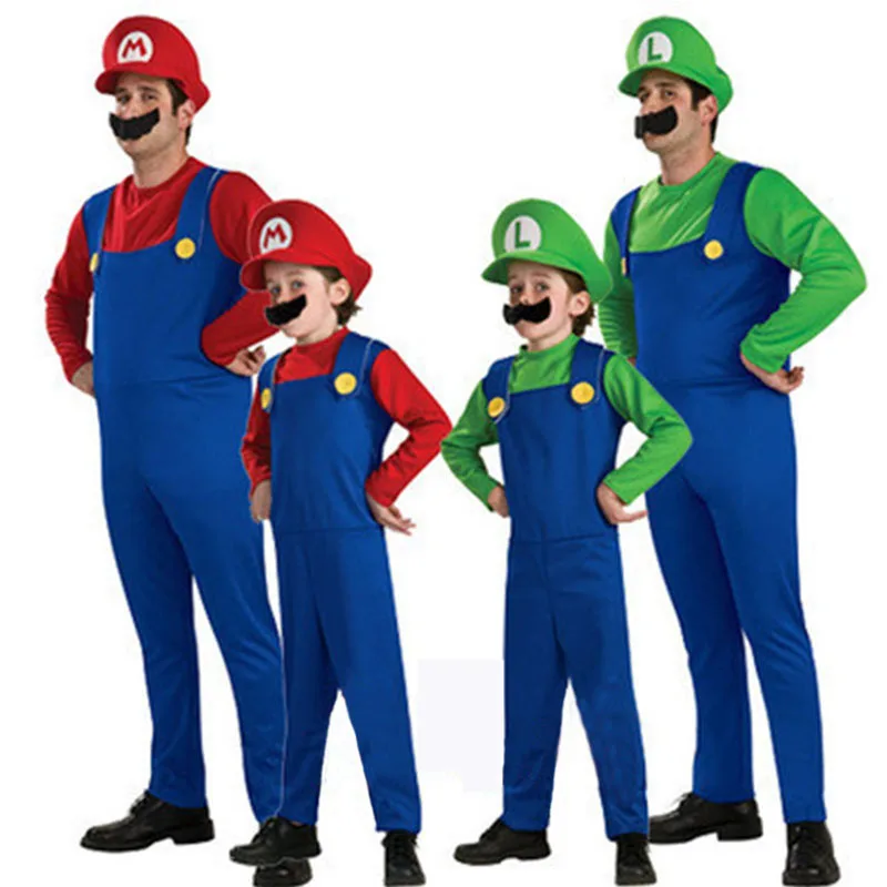 Men Super mario costume with Hat and beard Luigi Brothers Plumber