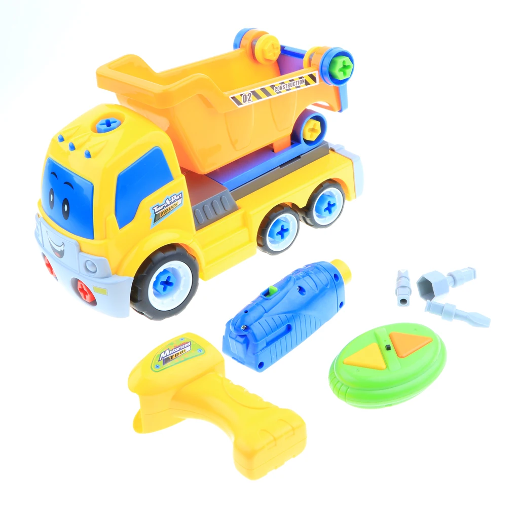 Take Apart Constructions Vehicles Toys - Assemble RC remote control Engineering Truck w/ Electric Drill Tool Kit Screwing Block
