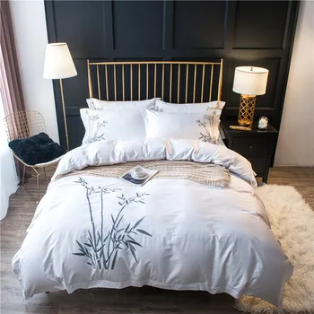 

White Luxury Bamboo bedding sets Embroidery bed set double twin queen king size duvet cover bed sheet set pillowcase