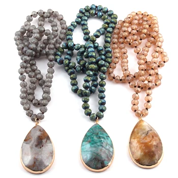 

Free Shipping Fashion Frosted Crystal Glass Bead Knotted Natural Stone Pendant Necklaces For Women Ethnic Necklace