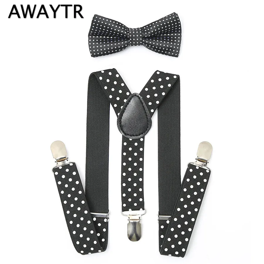 AWAYTR мальчик галстук-бабочку подтяжки новые классные черный горошек 3 клипы Эластичные подтяжки комплект в Корейском стиле для девочек брюки, подтяжки
