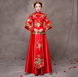 Красный традиционный Show невесты вышивка cheongsam замуж костюмы в китайском стиле торжественный свадебный наряд женские за рубежом китайский