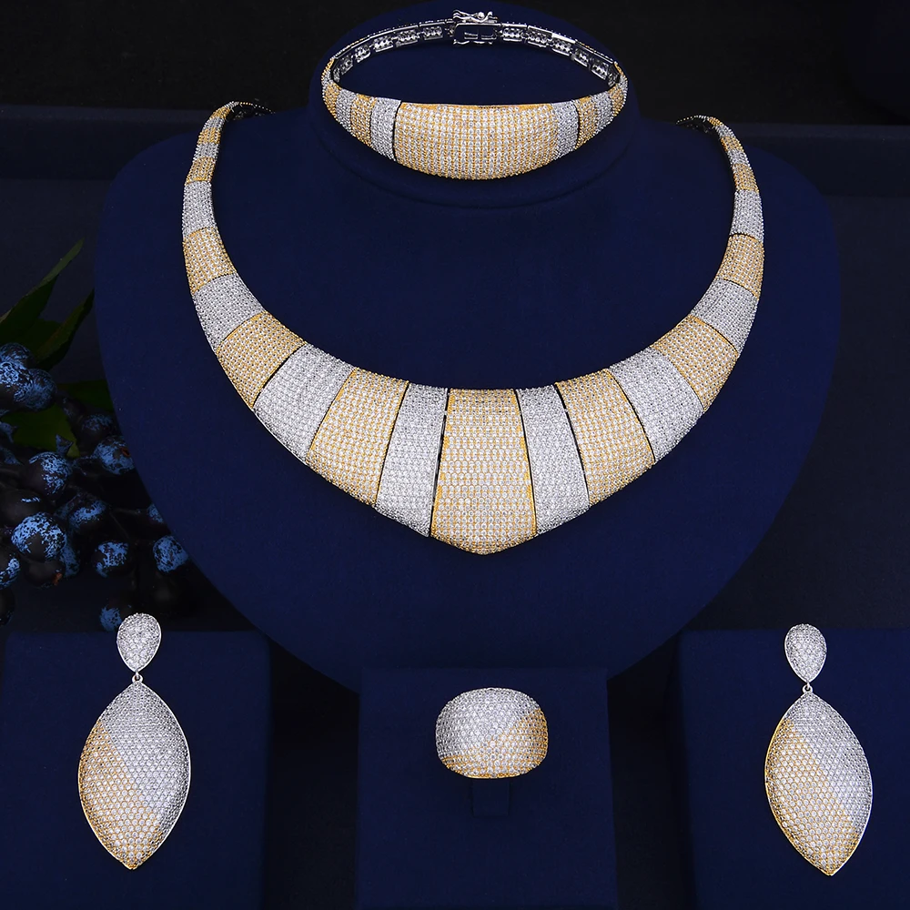 4PCS Luxury Geometric Shape Jewelry Sets Cubic Zirconia Inlaid Collar Necklace Earrings Bracelet Ring For Women Wedding 4PCS Luxury Geometric Shape Jewelry Sets Cubic Zirconia Inlaid Collar Necklace Earrings Bracelet Ring For Women Wedding