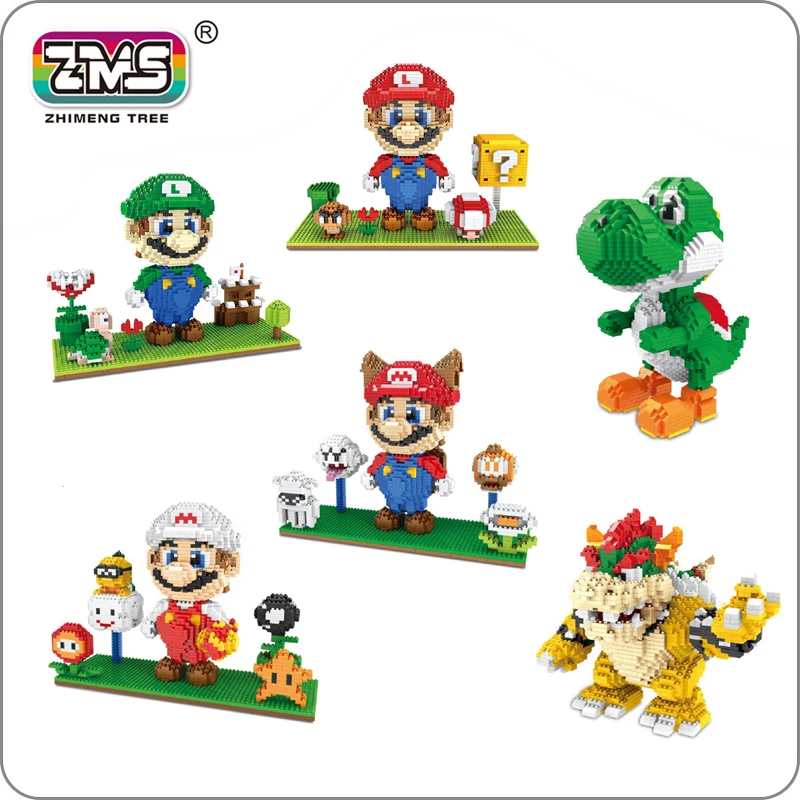 

ZMS Super Mario Game Luigi Yoshi Bowser Fire Cat Mario 3D Model DIY Mini Building Diamond Nano Blocks Toy Flower Coin