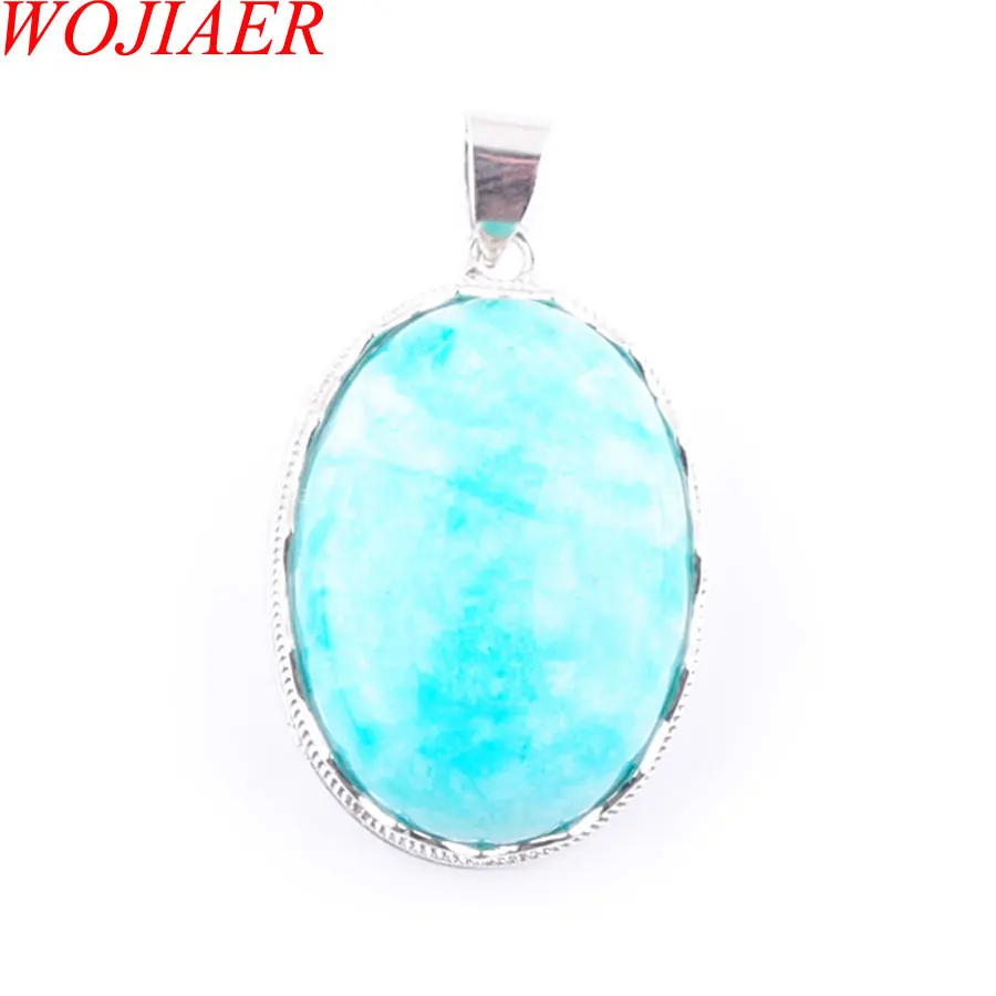 

WOJIAER 2019 Love Summer Egg Shape Decoration Amazonite Stone Statement Suspension Charms Pendant Female Gift PN3328
