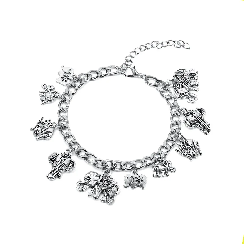 Antique Sliver Color Elephants Bracelet Hollow Flower Link Chain