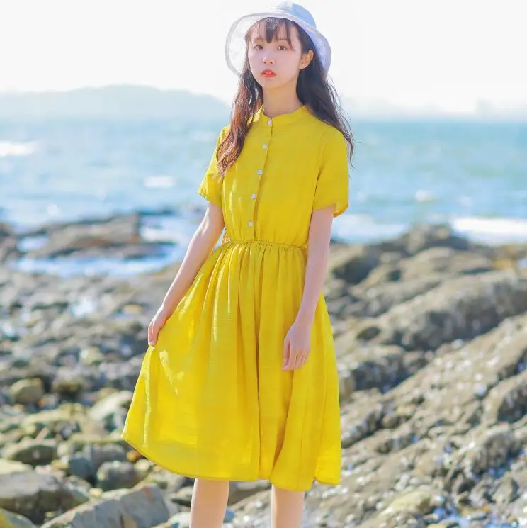 Mori Girl/желтое платье в Корейском стиле Модные женские летние платья с короткими
