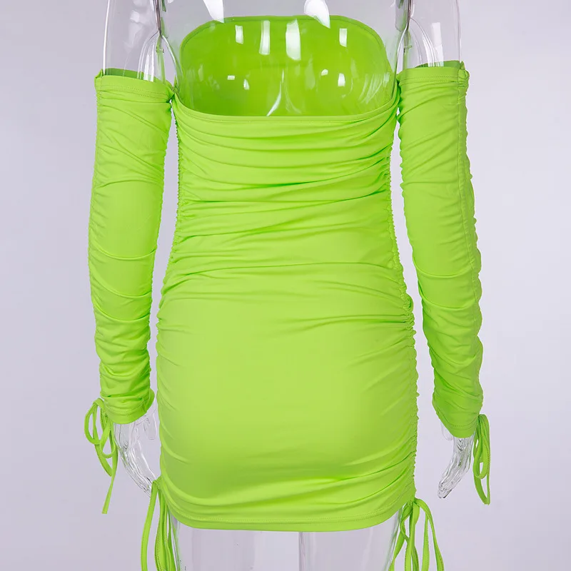 BOOFEENAA неоновое зеленое платье с рюшами и длинными рукавами, облегающее платье, сексуальные платья, вечерние платья для ночного клуба, осень, C66-AC32