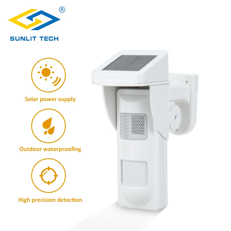 

Wireless Outdoor Solar Siren Sensor Pet Friendly IP-65 Waterproof 433MHz PIR Motion Sensor Detector with 2pcs Remote Keyfobs