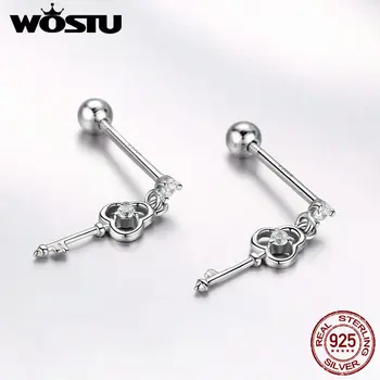 

WOSTU 2019 Trendy 925 Sterling Silver Key Stud Earrings Zircon Small Silver Earrings For Women Wedding Genuine Jewelry FIE539
