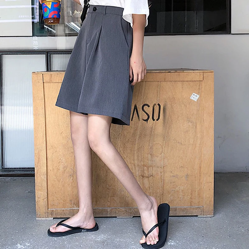 Knee Length Shorts Women Summer Solid Color Elegant Leisure Loose Shorts Trendy Classic Wide Leg Chic Korean Ladies Pockets - Цвет: gray