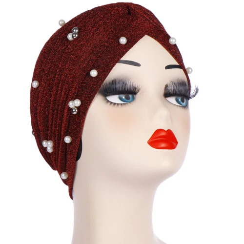 HT2399 Skullies шапочки Блестящий мерцающий блеск тюрбан женский жемчуг мусульманский головной убор в индийском стиле шапка для женщин тюрбан шарф шапочки голова обертывание - Цвет: Бургундия