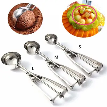 

New 3 size kitchen Ice Cream Mash Potato Scoop Stainless Steel Spring Handle Melon Scoop Accessories