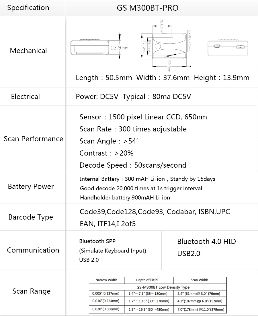 Specification M300BT-Pro