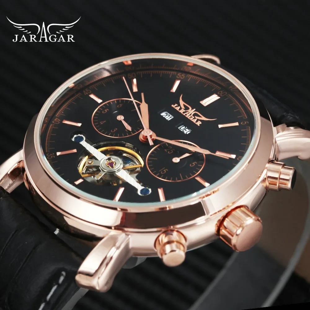 

JARAGAR Rose Golden Tourbillon Mens Watches Top Brand Luxury Genuine Leather Strap Auto Calendar Mechanical relogio masculino