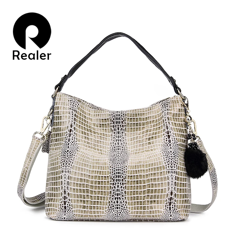 

REALER ladies handbag genuine leather tote bag female messenger bag women big crossbody shoulder bag hobo with serpentine prints