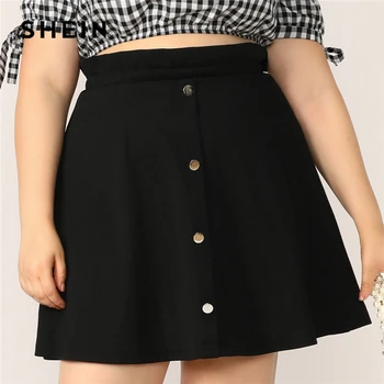 

SHEIN Plus Size Black Paperbag Waist Button Up Flare Skirt 2019 Women Summer Casual A Line Solid Big Size Above Knee Mini Skirt