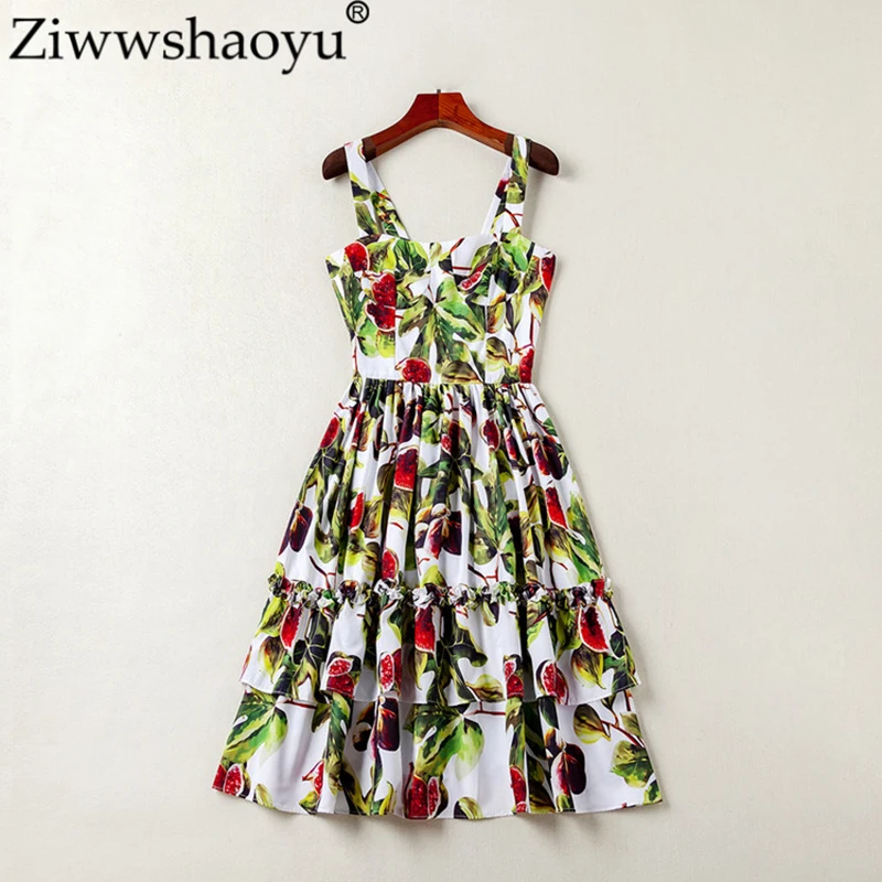 

Ziwwshaoyu Summer Designer Dress Women's High Quality Fancy Flower Printed Ruffle Patchwork Knee Length Vestido