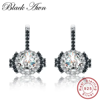 

[BLACK AWN] Solid Sterling Silver Jewelry Design Novelty Stud Earrings for Women Female Black Spinel Stone Earrings T147