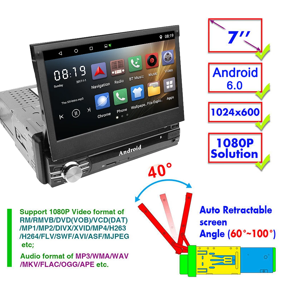 Стерео gps navi 1din Android 6 0 4 ядра дюймов 7 HD сенсорный экран wi fi Автомобильный плеер