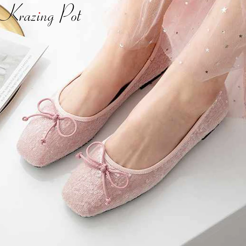 

Krazing Pot sequined cloth natural leather bling slip on square toe women flats summer bowtie princess brand shallow shoes L75