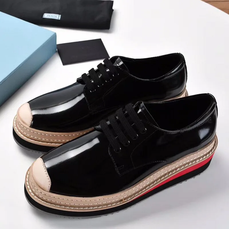 

2018 Spring Summer Womens Platform Shoes Patent Leather Thick Flat Sole Lace Up Round Toe Comfortable Footwear