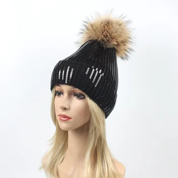 

Big Natural Raccoon Fur Pom Pom Hat for Women Girl Shimmer Sequin Cashmere Winter Hat Cap Wool Knitted Beanie Skull Cap