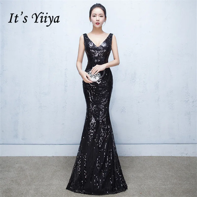 

It's Yiiya evening dresses Sequnied V-neck zipper back Prom dress Backless floor-length sleeveless Mermaid Party gowns C164